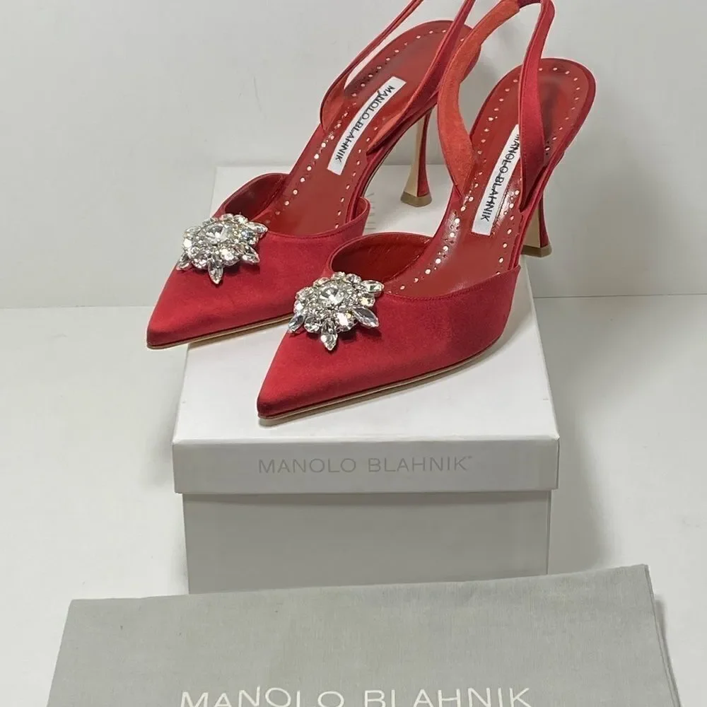 Manolo Blahnik Cassinasli Satin Jewel Buckle Slingback Pumps size 39